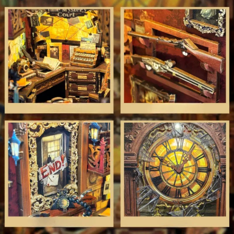 A detective's room beneath a clock face