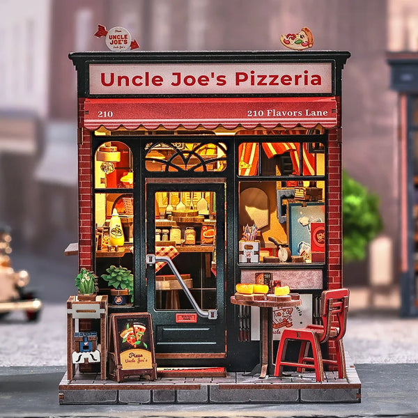 Uncle Joe's Pizzeria miniature house kit – DIY retro pizzeria with LED light